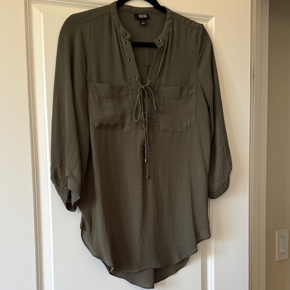 a.n.a Olive Green Blouse with Lace-Up Front